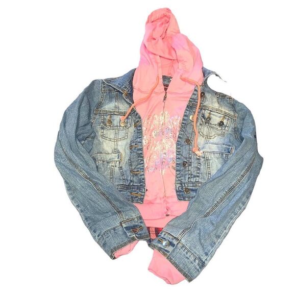 Y2k Mcbling twofer denim pink cropped hoodie jacket - Picture 1 of 5